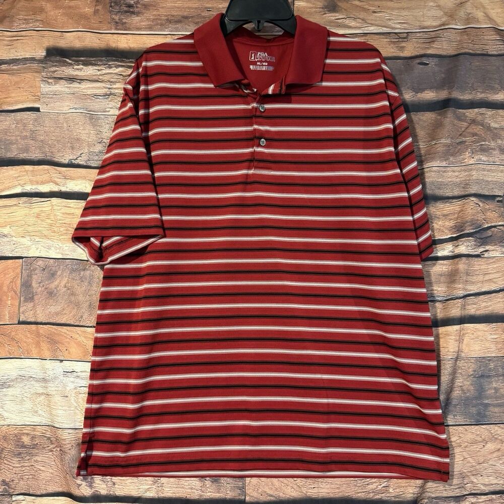 PGA Tour Polo Shirt Mens XL Red Striped Short Sleeve Golf Performance Polyester
